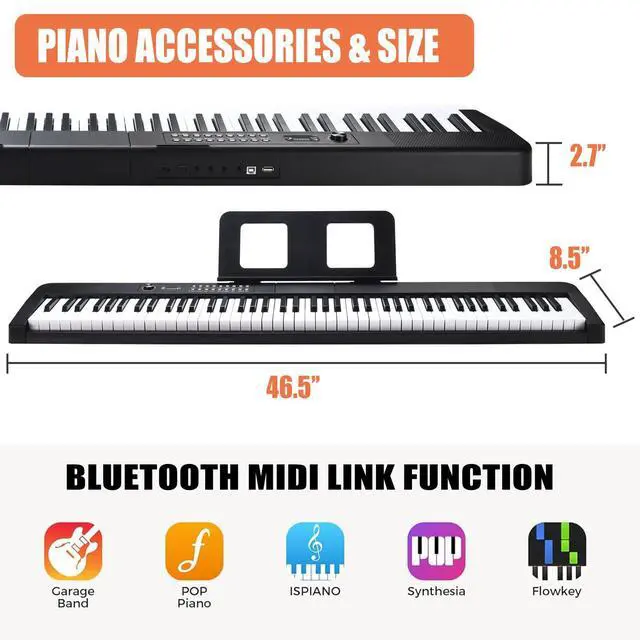 Alt view image 4 of 7 - 88 Key Keyboard Piano Electric Keyboard, 88 Key Digital Piano for for Beginner, with Power Adapter, Sustain Pedal, Stand, Bluetooth, Carrying Case, Headphones, USB-MIDI, for at Home/Stage