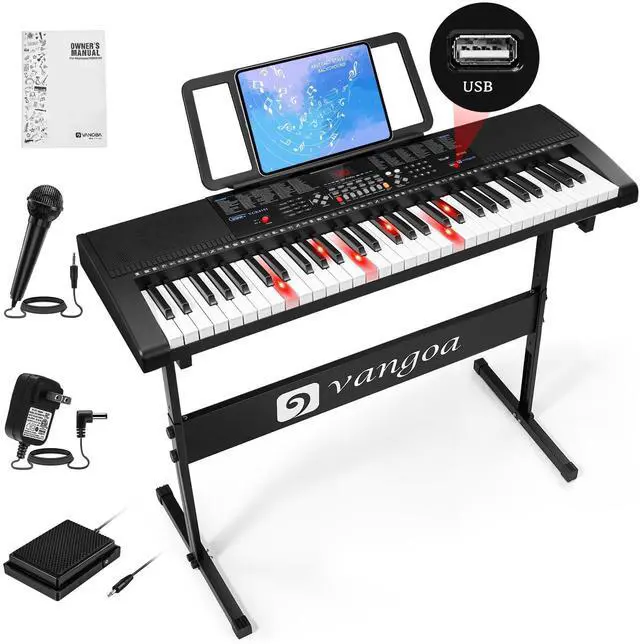 Main image of 61 Key Keyboard Piano, Light-Up Electric Piano Keyboard Kit with 600 Voices, 400 Rhythms with Piano Stand, Microphone, Recording/USB, Gift for Beginners, Black (VGK6101)