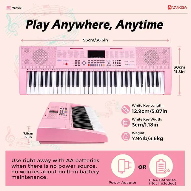 Alt view image 7 of 7 - Pink Piano Keyboard 61 Key, Electric Keyboard Kit Portable Music Keyboard for Kids Students with Microphone, 600 Tones, 400 Rhythms, 50 Demos, Gift for Beginners