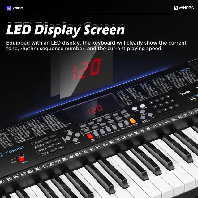 Alt view image 2 of 7 - 61 Key Keyboard Piano, Light-Up Electric Piano Keyboard Kit with 600 Voices, 400 Rhythms with Piano Stand, Microphone, Recording/USB, Gift for Beginners, Black (VGK6101)