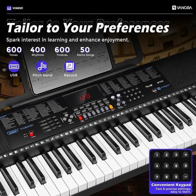 Alt view image 4 of 7 - 61 Key Keyboard Piano, Light-Up Electric Piano Keyboard Kit with 600 Voices, 400 Rhythms with Piano Stand, Microphone, Recording/USB, Gift for Beginners, Black (VGK6101)
