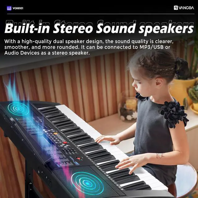 Alt view image 6 of 7 - 61 Key Keyboard Piano, Light-Up Electric Piano Keyboard Kit with 600 Voices, 400 Rhythms with Piano Stand, Microphone, Recording/USB, Gift for Beginners, Black (VGK6101)