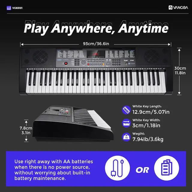 Alt view image 7 of 7 - 61 Key Keyboard Piano, Light-Up Electric Piano Keyboard Kit with 600 Voices, 400 Rhythms with Piano Stand, Microphone, Recording/USB, Gift for Beginners, Black (VGK6101)
