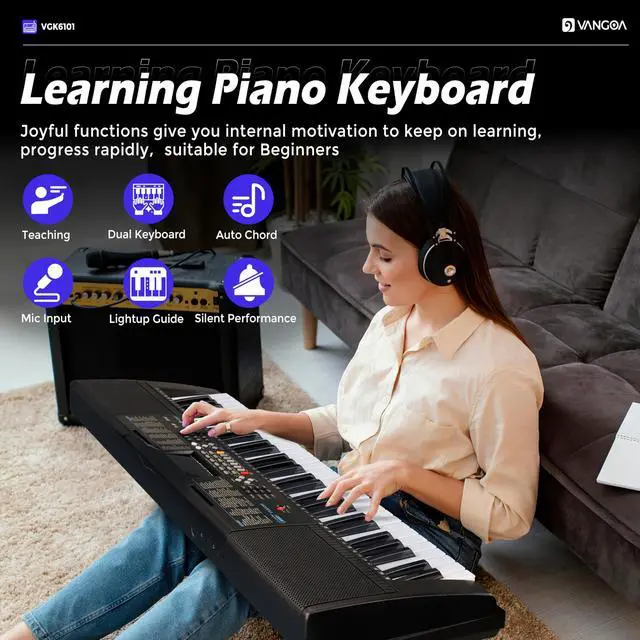 Alt view image 5 of 7 - 61 Key Keyboard Piano, Light-Up Electric Piano Keyboard Kit with 600 Voices, 400 Rhythms with Piano Stand, Microphone, Recording/USB, Gift for Beginners, Black (VGK6101)