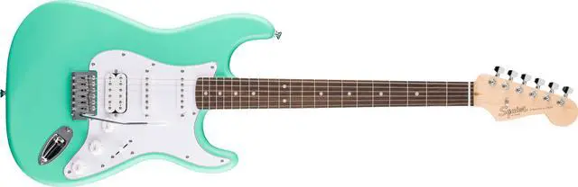 Main image of Squier Debut Stratocaster HSS Beginner Electric Guitar, Sea Foam | Starter electric guitar, HSS pickups, satin urethane finish, free lessons included, kids and adults