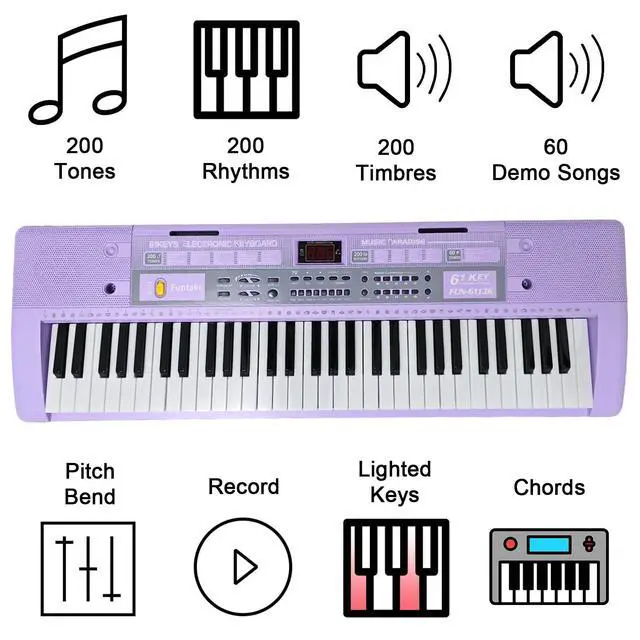 Alt view image 3 of 7 - 61 Key Electronic Keyboard Piano with Lighted Up Keys, Musical Mini Keyboard Piano with keyboard stand, Digital Portable Synthesizer Keyboards for Beginners Kids Adults (Purple)