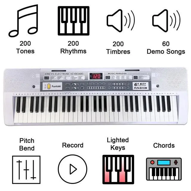 Alt view image 2 of 7 - 61 Key Electronic Keyboard Piano with Lighted Up Keys, Musical Mini Keyboard Piano with keyboard stand, Digital Portable Synthesizer Keyboards for Beginners Kids Adults (white)
