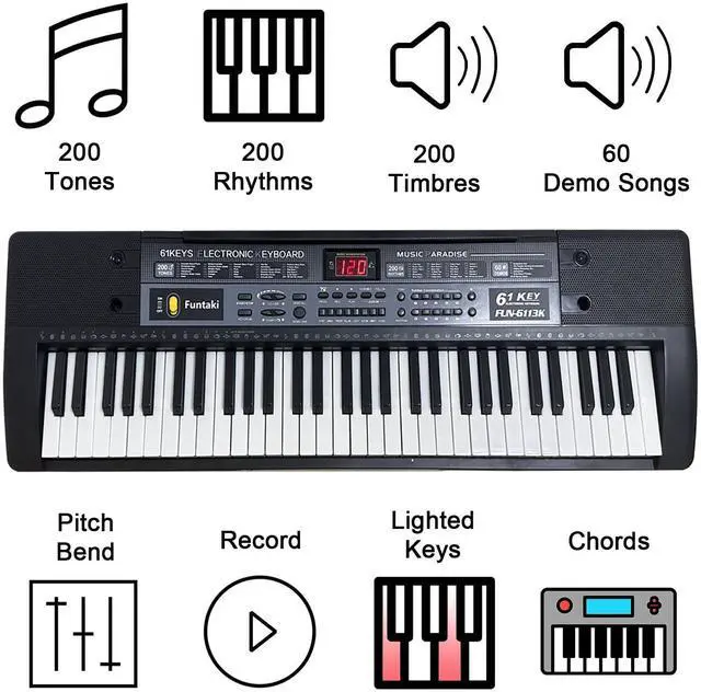 Alt view image 4 of 7 - 61 Key Electronic Keyboard Piano with Lighted Up Keys, Musical Mini Keyboard Piano with keyboard stand, Digital Portable Synthesizer Keyboards for Beginners Kids Adults (Black)
