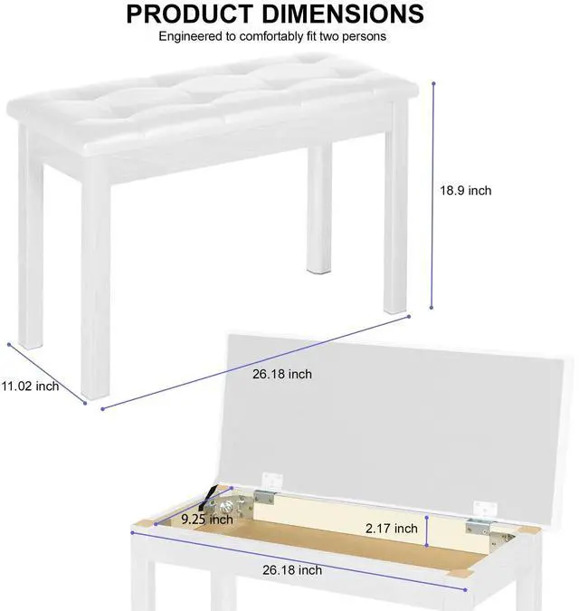 Alt view image 2 of 7 - Duet Piano Bench with Storage - Wooden Solid Wood Piano Bench, Tufted Padded Keyboard Bench, Piano Stool & Piano Chair Seat Vanity Stool, Duet Double Piano Seat (White)