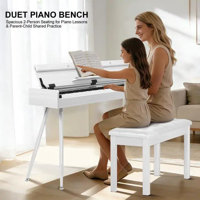 Alt view image 4 of 7 - Duet Piano Bench with Storage - Wooden Solid Wood Piano Bench, Tufted Padded Keyboard Bench, Piano Stool & Piano Chair Seat Vanity Stool, Duet Double Piano Seat (White)