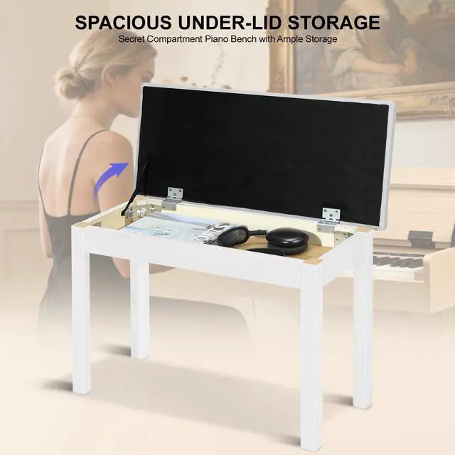 Alt view image 5 of 7 - Duet Piano Bench with Storage - Wooden Solid Wood Piano Bench, Tufted Padded Keyboard Bench, Piano Stool & Piano Chair Seat Vanity Stool, Duet Double Piano Seat (White)