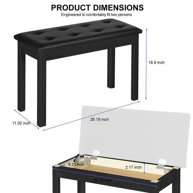 Alt view image 2 of 7 - Duet Piano Bench with Storage - Wooden Solid Wood Piano Bench, Tufted Padded Keyboard Bench, Piano Stool & Piano Chair Seat Vanity Stool, Duet Double Piano Seat (Black)