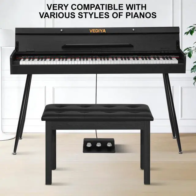 Alt view image 3 of 7 - Duet Piano Bench with Storage - Wooden Solid Wood Piano Bench, Tufted Padded Keyboard Bench, Piano Stool & Piano Chair Seat Vanity Stool, Duet Double Piano Seat (Black)