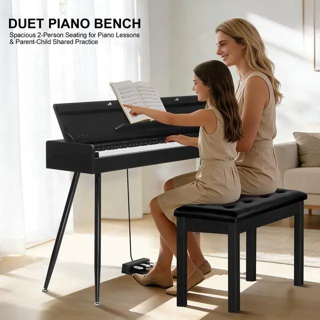 Alt view image 4 of 7 - Duet Piano Bench with Storage - Wooden Solid Wood Piano Bench, Tufted Padded Keyboard Bench, Piano Stool & Piano Chair Seat Vanity Stool, Duet Double Piano Seat (Black)