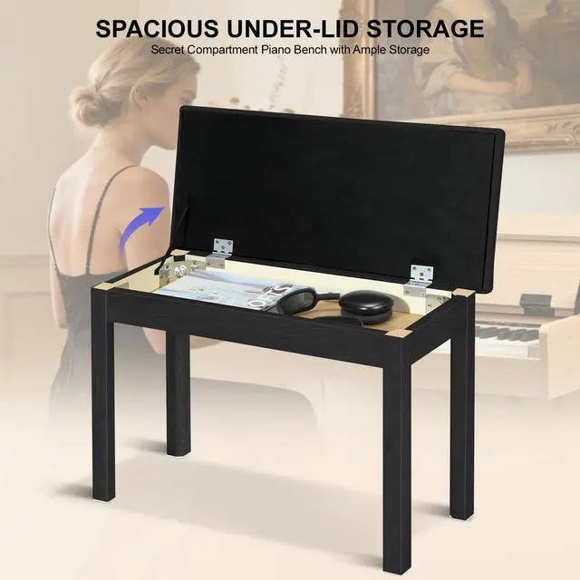 Alt view image 5 of 7 - Duet Piano Bench with Storage - Wooden Solid Wood Piano Bench, Tufted Padded Keyboard Bench, Piano Stool & Piano Chair Seat Vanity Stool, Duet Double Piano Seat (Black)