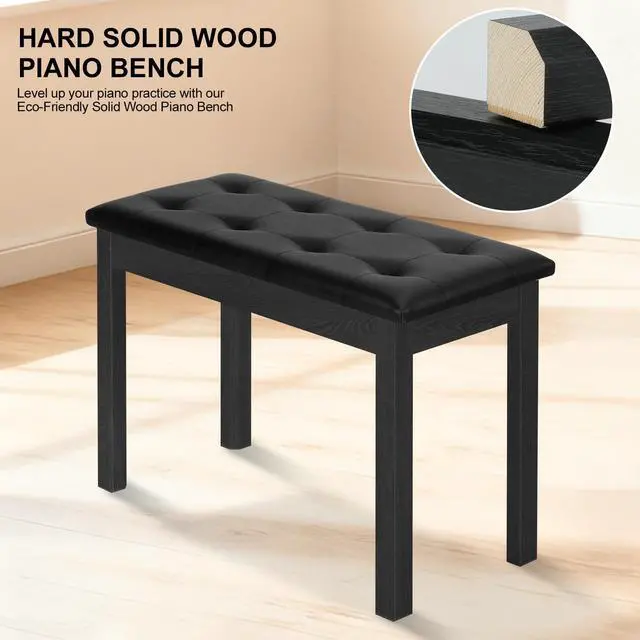 Alt view image 6 of 7 - Duet Piano Bench with Storage - Wooden Solid Wood Piano Bench, Tufted Padded Keyboard Bench, Piano Stool & Piano Chair Seat Vanity Stool, Duet Double Piano Seat (Black)