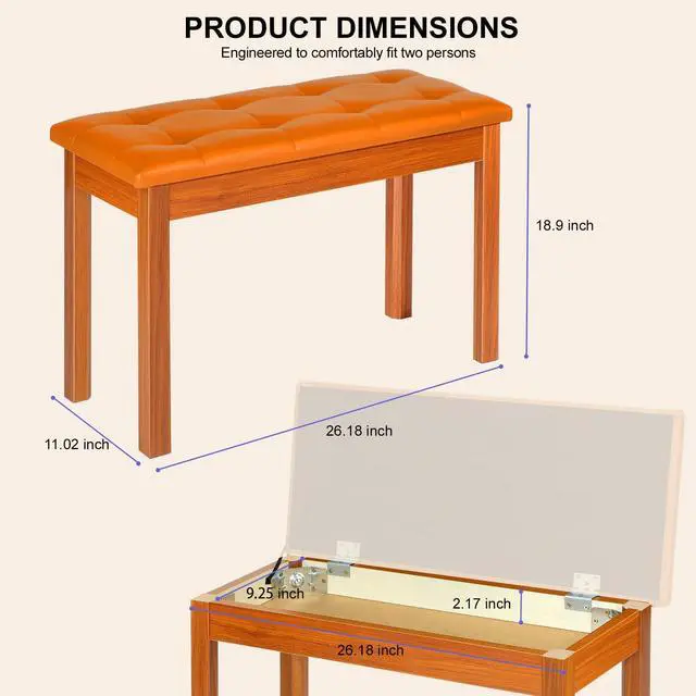 Alt view image 2 of 7 - Duet Piano Bench with Storage - Wooden Solid Wood Piano Bench, Tufted Padded Keyboard Bench, Piano Stool & Piano Chair Seat Vanity Stool, Duet Double Piano Seat (Brown)