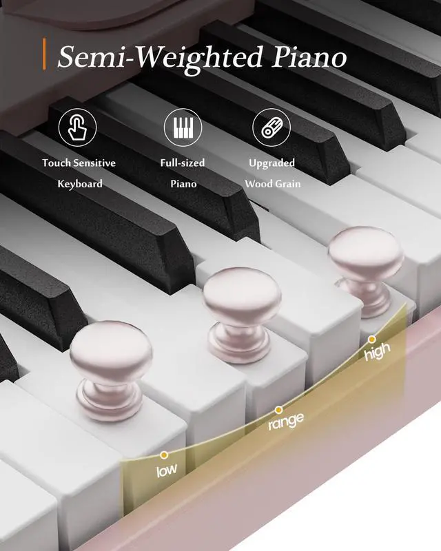 Alt view image 3 of 6 - Portable Piano Keyboard, Semi-Weighted Folding Digital Piano 88 Key, Full Size, Wood Grain, Electric Piano Keyboard w/MIDI Bluetooth, Suitable for Adult, Toddler