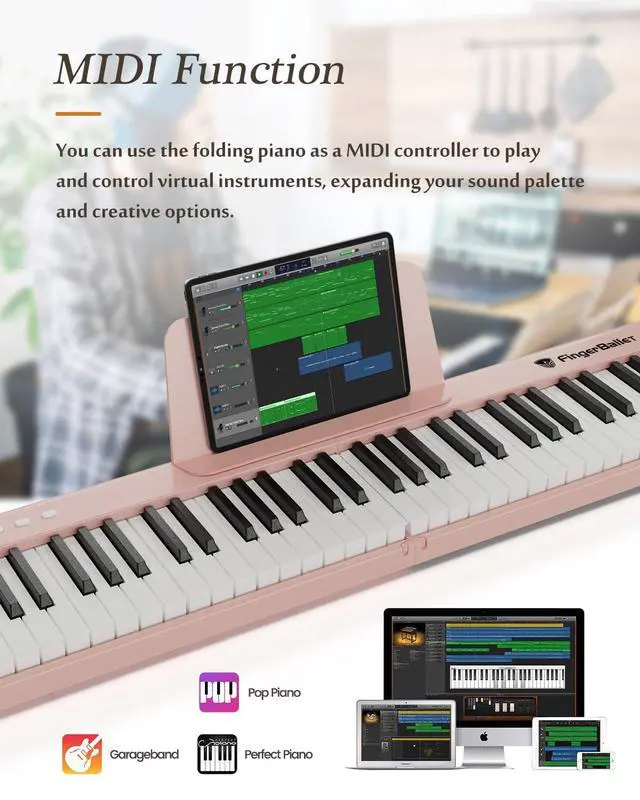 Alt view image 4 of 6 - Portable Piano Keyboard, Semi-Weighted Folding Digital Piano 88 Key, Full Size, Wood Grain, Electric Piano Keyboard w/MIDI Bluetooth, Suitable for Adult, Toddler