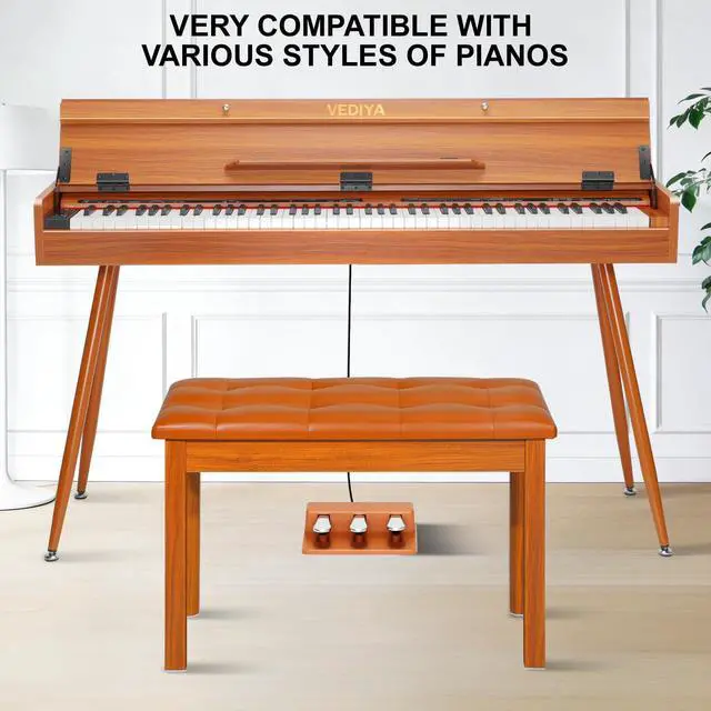 Alt view image 3 of 7 - Duet Piano Bench with Storage - Wooden Solid Wood Piano Bench, Tufted Padded Keyboard Bench, Piano Stool & Piano Chair Seat Vanity Stool, Duet Double Piano Seat (Brown)