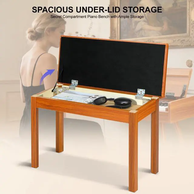 Alt view image 5 of 7 - Duet Piano Bench with Storage - Wooden Solid Wood Piano Bench, Tufted Padded Keyboard Bench, Piano Stool & Piano Chair Seat Vanity Stool, Duet Double Piano Seat (Brown)