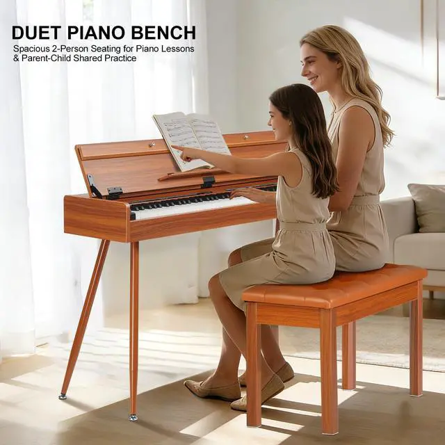 Alt view image 4 of 7 - Duet Piano Bench with Storage - Wooden Solid Wood Piano Bench, Tufted Padded Keyboard Bench, Piano Stool & Piano Chair Seat Vanity Stool, Duet Double Piano Seat (Brown)