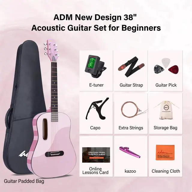 Alt view image 2 of 7 - Acoustic Guitar Kits for Beginners Adults - 38" Steel-String Guitars Bundle with Online Lesson Wooden Bowl Guitarra Starter Set Package with Bag, Strap, Picks, Capos, Kazoo, Pink