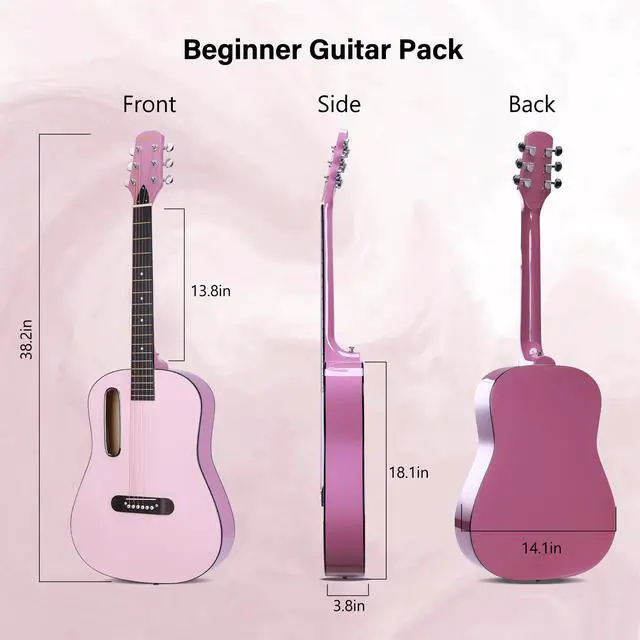Alt view image 3 of 7 - Acoustic Guitar Kits for Beginners Adults - 38" Steel-String Guitars Bundle with Online Lesson Wooden Bowl Guitarra Starter Set Package with Bag, Strap, Picks, Capos, Kazoo, Pink