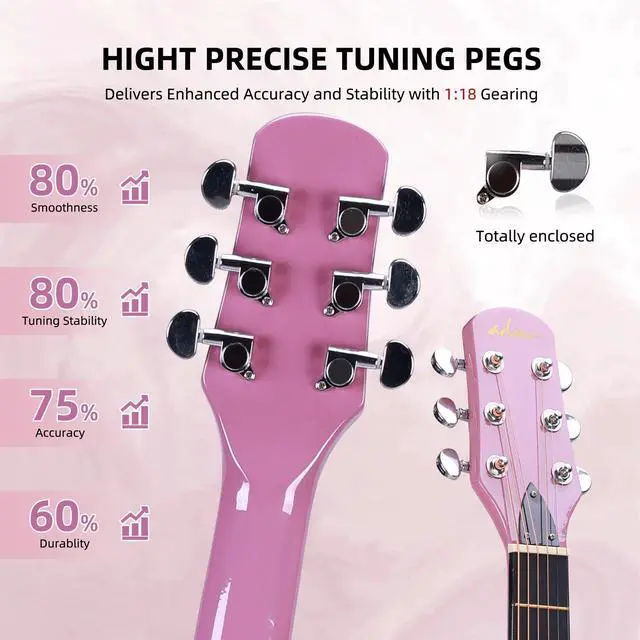Alt view image 5 of 7 - Acoustic Guitar Kits for Beginners Adults - 38" Steel-String Guitars Bundle with Online Lesson Wooden Bowl Guitarra Starter Set Package with Bag, Strap, Picks, Capos, Kazoo, Pink