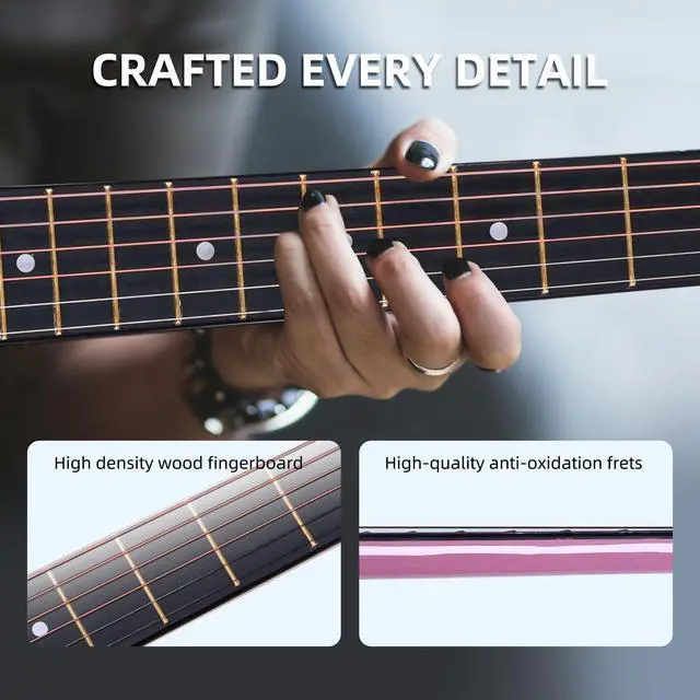 Alt view image 6 of 7 - Acoustic Guitar Kits for Beginners Adults - 38" Steel-String Guitars Bundle with Online Lesson Wooden Bowl Guitarra Starter Set Package with Bag, Strap, Picks, Capos, Kazoo, Pink