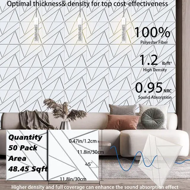 Alt view image 5 of 6 - 50 Pack Bulk Self-Adhesive Soundproof Wall Panels, 12 x 12 x 0.47 in Sound Proof Foam Panels for Walls, 1.2lb/ft³ High Density, Thicker 0.47in, Acoustic Panels, Duty for Large Walls White