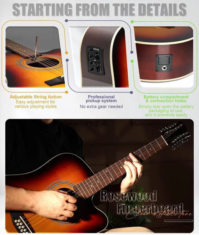 Alt view image 4 of 7 - 12-String Acoustic Electric Guitar: Rosewood Back and Sides with Spruce Top, 41-inch Cutaway Body, Built-in Pickup; Deluxe Set Includes Guitar Bag, Tuner, Cable, Capo, Strings & Picks (SN-SG)