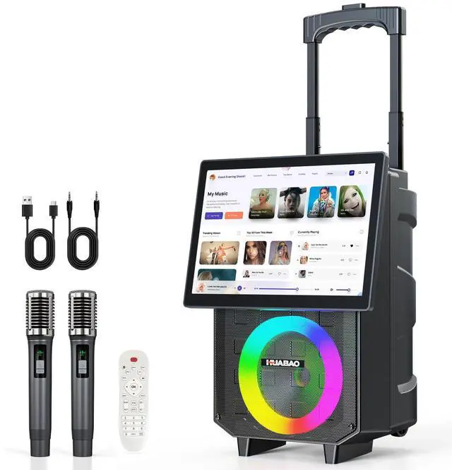Main image of Karaoke Machine with 14.1" Rotatable HD Screen & Handle & Wheels, Portable Bluetooth Speaker with Lyrics Display, Wireless Screen Mirroring, 11 Speakers, PA System with 2 Mics for Outdoor Party