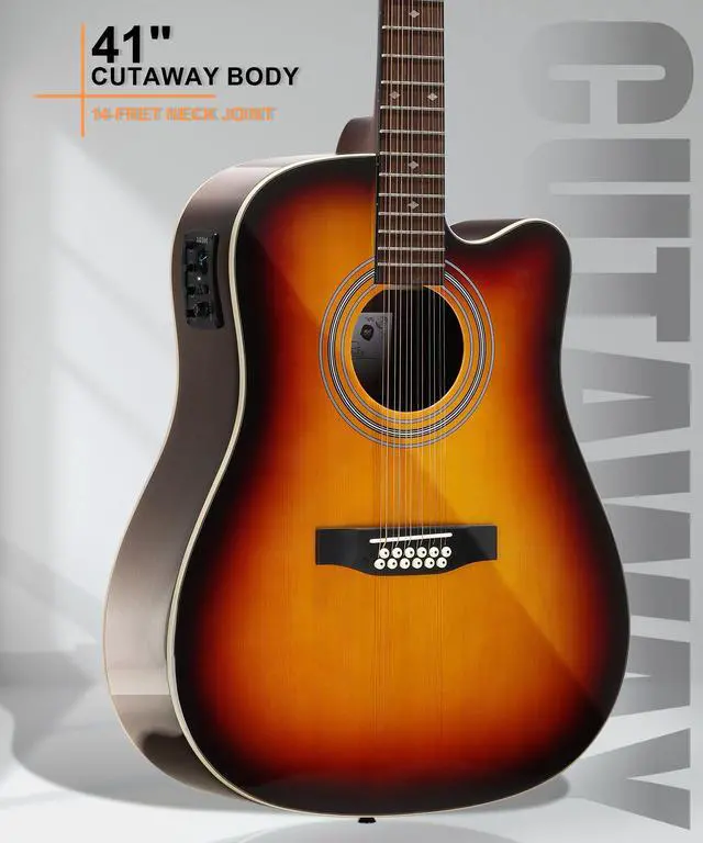 Alt view image 5 of 7 - 12-String Acoustic Electric Guitar: Rosewood Back and Sides with Spruce Top, 41-inch Cutaway Body, Built-in Pickup; Deluxe Set Includes Guitar Bag, Tuner, Cable, Capo, Strings & Picks (SN-SG)