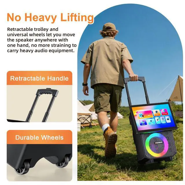 Alt view image 2 of 7 - Karaoke Machine with 14.1" Rotatable HD Screen & Handle & Wheels, Portable Bluetooth Speaker with Lyrics Display, Wireless Screen Mirroring, 11 Speakers, PA System with 2 Mics for Outdoor Party