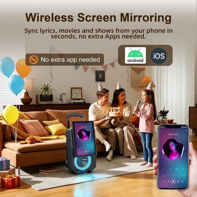 Alt view image 3 of 7 - Karaoke Machine with 14.1" Rotatable HD Screen & Handle & Wheels, Portable Bluetooth Speaker with Lyrics Display, Wireless Screen Mirroring, 11 Speakers, PA System with 2 Mics for Outdoor Party