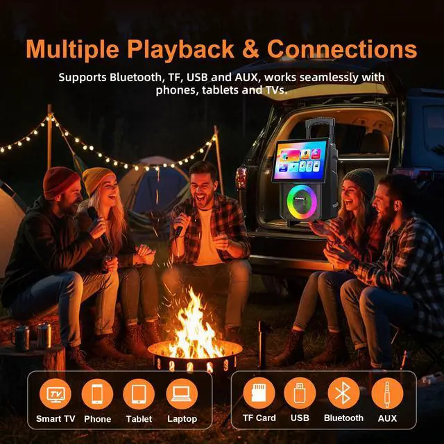 Alt view image 7 of 7 - Karaoke Machine with 14.1" Rotatable HD Screen & Handle & Wheels, Portable Bluetooth Speaker with Lyrics Display, Wireless Screen Mirroring, 11 Speakers, PA System with 2 Mics for Outdoor Party