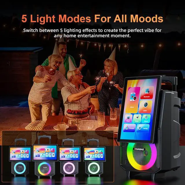 Alt view image 6 of 7 - Karaoke Machine with 14.1" Rotatable HD Screen & Handle & Wheels, Portable Bluetooth Speaker with Lyrics Display, Wireless Screen Mirroring, 11 Speakers, PA System with 2 Mics for Outdoor Party