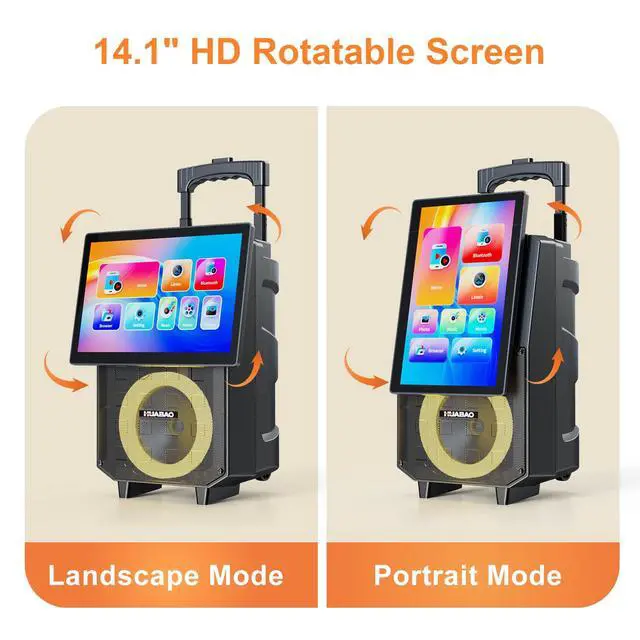 Alt view image 4 of 7 - Karaoke Machine with 14.1" Rotatable HD Screen & Handle & Wheels, Portable Bluetooth Speaker with Lyrics Display, Wireless Screen Mirroring, 11 Speakers, PA System with 2 Mics for Outdoor Party