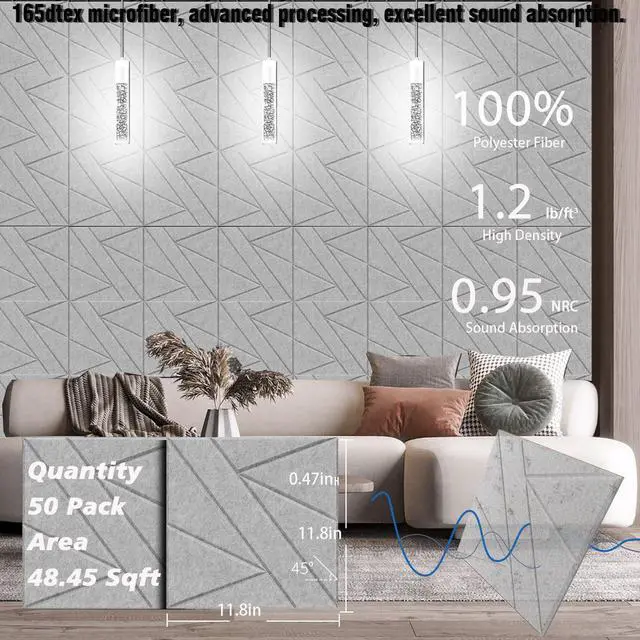 Alt view image 6 of 6 - 50 Pack Bulk Self-Adhesive Soundproof Wall Panels, 12 x 12 x 0.47 in Sound Proof Foam Panels for Walls, 1.2lb/ft³ High Density, Thicker 0.47in, Acoustic Panels, Duty for Large Walls Gray