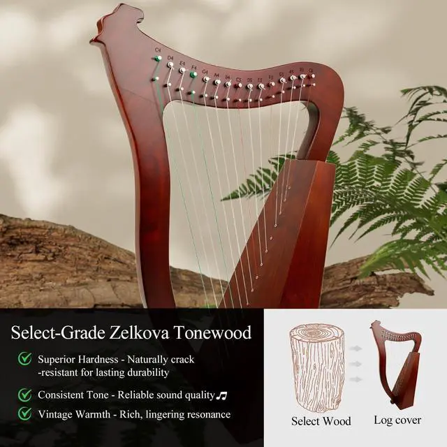 Alt view image 3 of 7 - Lyre Harp, 23 Inches 15-String Zelkova Lyra Harp Kit, Stringed Musical Instruments with Tuning Wrench Gig Bag Instructions Extra Strings for Beginners Adults