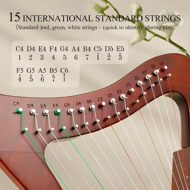 Alt view image 5 of 7 - Lyre Harp, 23 Inches 15-String Zelkova Lyra Harp Kit, Stringed Musical Instruments with Tuning Wrench Gig Bag Instructions Extra Strings for Beginners Adults