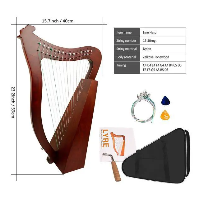 Alt view image 6 of 7 - Lyre Harp, 23 Inches 15-String Zelkova Lyra Harp Kit, Stringed Musical Instruments with Tuning Wrench Gig Bag Instructions Extra Strings for Beginners Adults