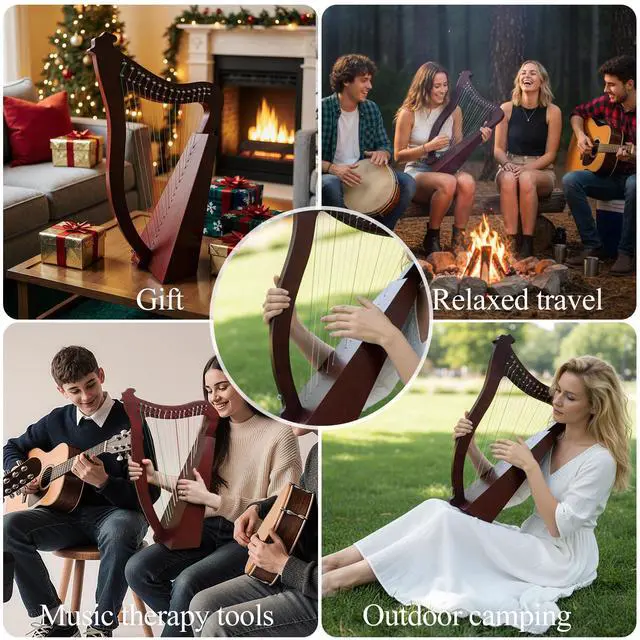 Alt view image 7 of 7 - Lyre Harp, 23 Inches 15-String Zelkova Lyra Harp Kit, Stringed Musical Instruments with Tuning Wrench Gig Bag Instructions Extra Strings for Beginners Adults