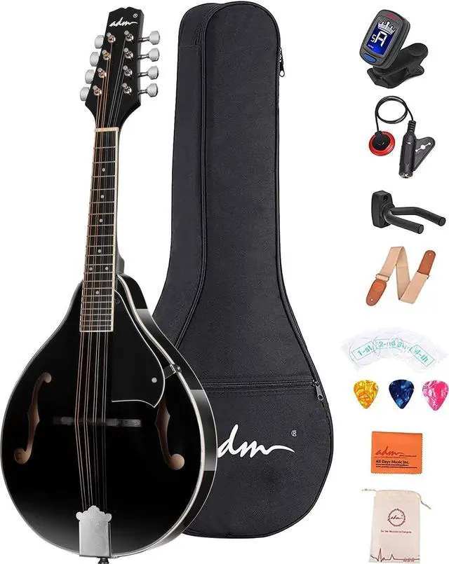 Main image of Acoustic Mandolin Instrument Kit Music A Style for Kids Students Adults Wood Mandolins Beginner Set With Bag, Tuner, Pick-up, Strap, Strings, Picks and Hanger, Drak Black