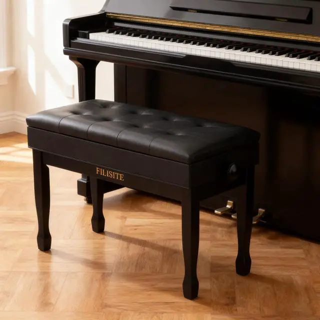 Alt view image 2 of 7 - Adjustable Height Piano Bench with Storage, Solid Wood Duet Keyboard Stool, Waterproof Padded Seat Cushion, Multi-Use Bench for Piano, Vanity, Living Room, Bedroom XJ750-4(Black)