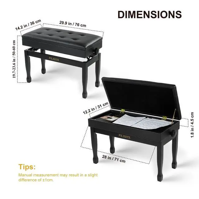 Alt view image 3 of 7 - Adjustable Height Piano Bench with Storage, Solid Wood Duet Keyboard Stool, Waterproof Padded Seat Cushion, Multi-Use Bench for Piano, Vanity, Living Room, Bedroom XJ750-4(Black)