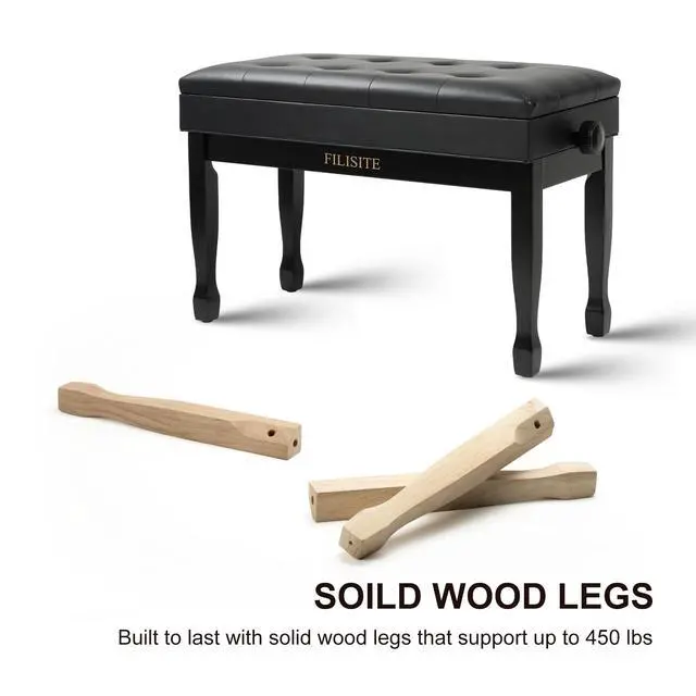 Alt view image 5 of 7 - Adjustable Height Piano Bench with Storage, Solid Wood Duet Keyboard Stool, Waterproof Padded Seat Cushion, Multi-Use Bench for Piano, Vanity, Living Room, Bedroom XJ750-4(Black)