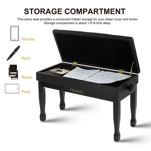 Alt view image 7 of 7 - Adjustable Height Piano Bench with Storage, Solid Wood Duet Keyboard Stool, Waterproof Padded Seat Cushion, Multi-Use Bench for Piano, Vanity, Living Room, Bedroom XJ750-4(Black)