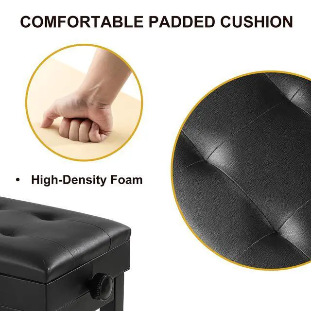 Alt view image 6 of 7 - Adjustable Height Piano Bench with Storage, Solid Wood Duet Keyboard Stool, Waterproof Padded Seat Cushion, Multi-Use Bench for Piano, Vanity, Living Room, Bedroom XJ750-4(Black)